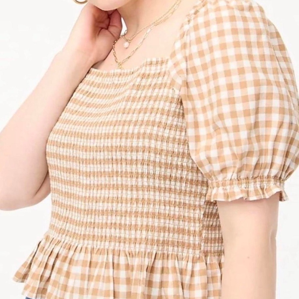 J Crew Gingham Shirred Square-Neck Top in Beige